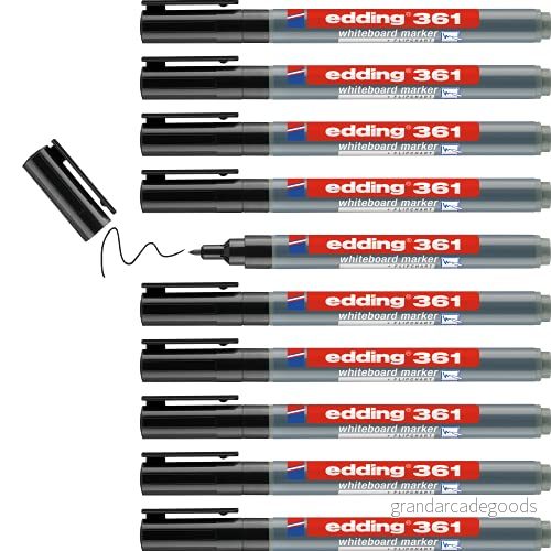 edding 361 whiteboardmarker svart låda med 10 pennor rund spets 1 mm torkas bort utan vatten för whiteboard, blädderblock, anslagstavla, memo tavla sketcher går att fylla på 4004764104604