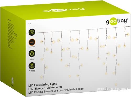 goobay 57940 400 LED glassregn ljusslinga med timerfunktion och 24 V utomhus trafo, varmvit (3000 K), för inomhus utomhusbruk (IP44), transparent, svart 4040849579400