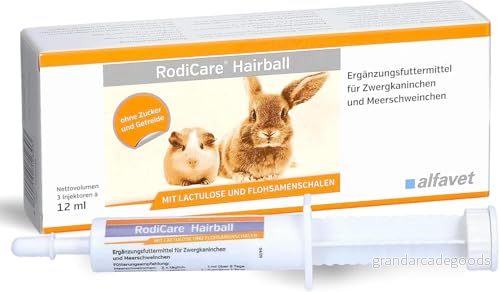 Alfavet RodiCare Hairball, kompletteringsfoder för dvärgkaniner och marsvin, främjar utsöndringen av hårbollar, 3 injektorer à 12 ml 4260215712303