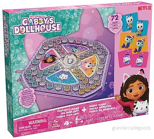 Gabby's Dollhouse Sorry Pop Up och memo spel två klassiska i ett set, (Pachisi) med kub 72 kort populära Gabbykaraktärer, från 4 år, 2 spelare 778988500859