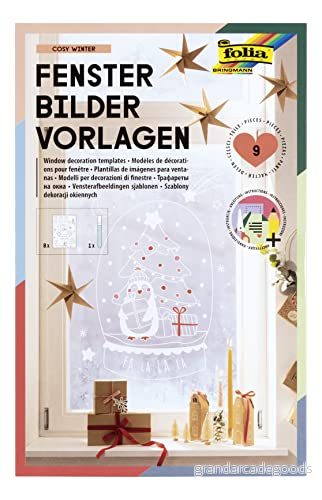 folia 39149 Fönsterbilder set "Mysig vinter" med 8 förtryckta designmallar temat vinter, jul och höst, inkl. 1 kritmarkör i vitt 4001868127713