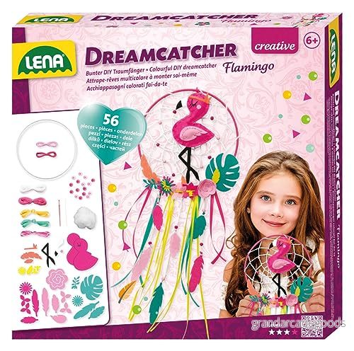 Lena 42700 Hantverksset Dreamcatcher Flamingo, 56 delar komplett set för drömfångare hantverk med ring, färgade band och snören, plastnål, pärlor tygblommor, barn från 6 år, rosa 4006942834105