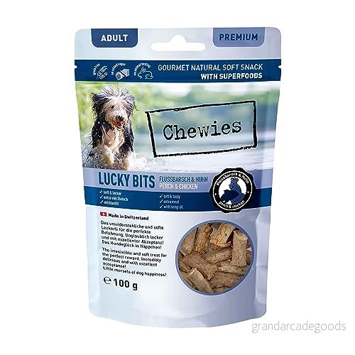 Chewies Lucky Bits flodabborre & kyckling vuxen hundgodis spannmålsfri mjuk med massor av protein och supermat som öljäst eller ginkgo, utan socker (100 g) 4260688854869