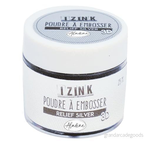 Aladine - Izink Silver präglingspulver 3D-volymeffekt för scrapbooking och kreativ korttillverkning silverfärgad Relief scrap 25 ml burk 3660016101923