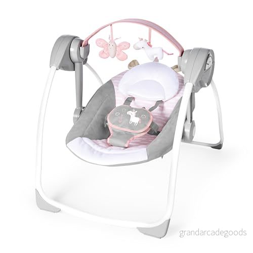 Ingenuity Comfort 2 Go Compact bärbar 6 växlad vadderad babygunga med musik, viks enkelt, 0 9 månader 2,7 kg (rosa enhörningen) 74451122024