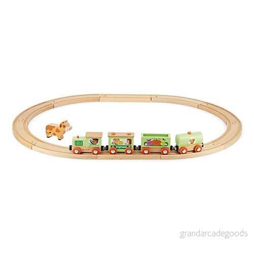 Janod Farm Story Circuit and Train Träkong Kossa figur ingår uppvaknande leksak finmotorik utveckling FSC certifierad vattenfärg från 3 år, J04630, grön 3700217346300