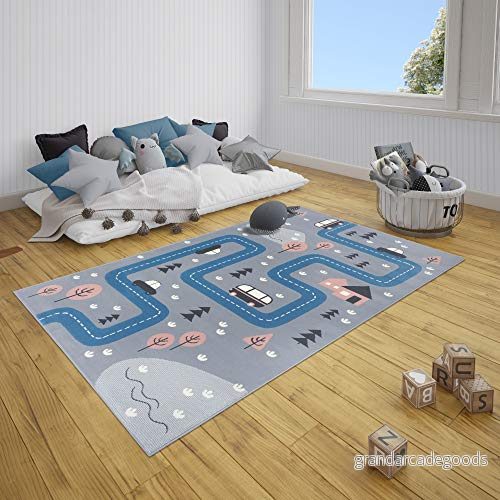Hanse Home barnmatta lekmatta Dream Street (80 x 150 cm, 100% polypropylen, slitstark och lätt att rengöra, ringformad kandelad, golvmattning), grå blå 4260669876347