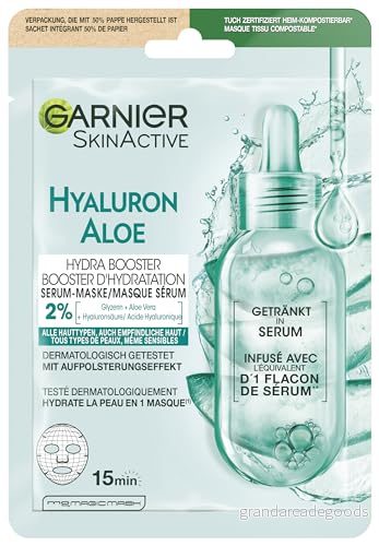 Garnier tygmask, ansiktsmask för alla hudtyper, uppfriskande och fuktgivande, med hyaluronsyra aloe vera, Hydra Bomb, 28 g 3600542383523