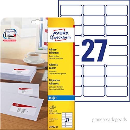AVERY Specialform J4792 25 adressetiketter/adressetiketter (63,5 x 29,6 mm på DIN A4, tryckt, självhäftande, idealisk för C6 kuvert, pappersmatta, bläckstråleskrivare, 675 etiketter, ark) vit 4004182047927