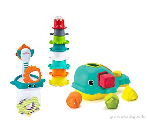 INFANTINO Ocean Fun Bathtime Playset Including Orca The Shape Sorting Whale, Shoot 'n Scoop pals and 8 Colourful Stacking Cups, BPA Free 773554151305