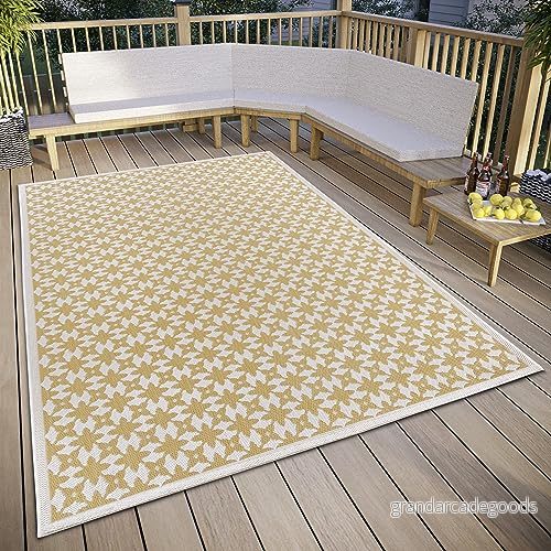 freundin Home Collection Antonia in och utomhatta design platt tyg geometriskt mönster, väderbeständig för vardagsrum, hall, balkong, terrass, trädgård gräddvit ockra, 120 x 170 4262377778913
