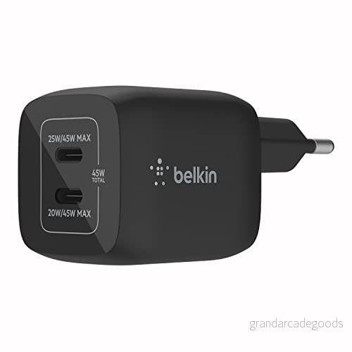 Belkin 45 W dubbel USB Type C väggladdare, snabbladdande Power Delivery 3.0 med GaN teknik, laddare för iPhone 15, 14, 13, 12, iPad Pro, MacBook, Galaxy S24, Pixel, Note, Sony, Tab och fler 745883844043