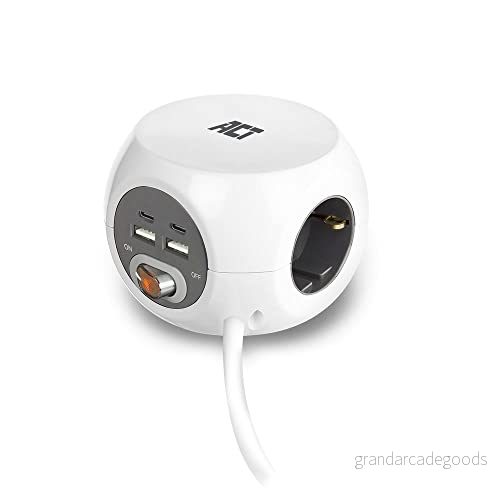 ACT Eluttagskub med USB, Powercube 2 USB-C och USB-A-kontakter (3,4 A) strömbrytare, 3-vägs uttag, inkl. självhäftande dyna för kök, kontor, vardagsrum, kabellängd 1,5 m, färg vit AC2415 8716065489965