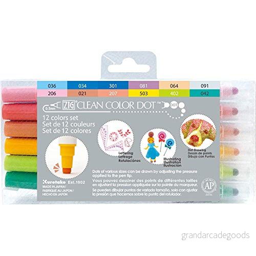 Kuretake ZIG Clean Color DOT 12 färger set, dubbel spets, för journalföring, hantverk, illustration, bokstäver 0,5 mm fin spets i ena änden och en flexibel prickspets, AP certifierad, tillverkad Japan 4901427303780