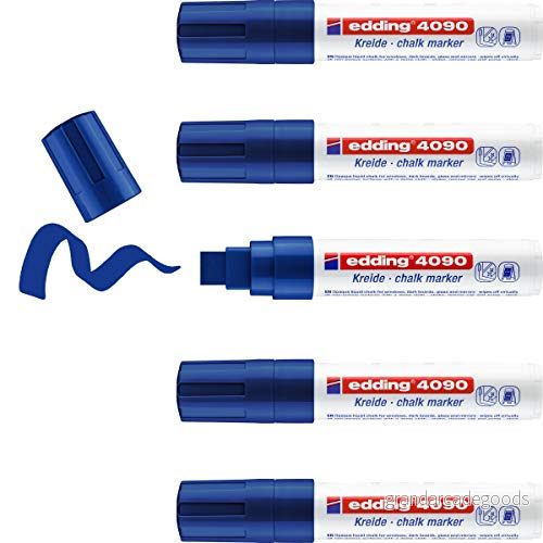 edding 4090 kritmarkör blå 5 kritpennor kilspets 415 mm bred kritpenna för att torka av tavlan märkning fönster, glas, spegel bordspenna med ogenomskinliga färger 4004764787777