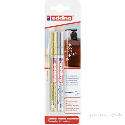 edding 751 glans färgmarkör guld, silver förpackning med 2 färgmarkörer rund spets 1 mm färgpenna för glas, småsten, trä, plast, papper vattentät, hög täckning 4004764793679