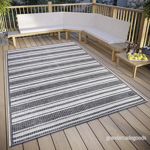 HANSE Home Temu in och utomhatta väderbeständig moderna ränder mönster, vattentät robust yttermatta, platt väv för trädgård, balkong, terrass, vardagsrum grå beige, 155 x 235 cm 4068226001924