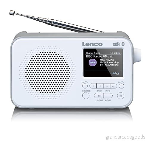 Lenco PDR 036 bärbar DAB+ radio Bluetooth 5.0 PLL FM 4 minnesknappar 2,4 tums färgskärm integrerat batteri klocka sömntimer vit 8711902077534