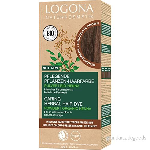 LOGONA Naturkosmetik närande vegetabilisk hårfärg, veganskt hårfärgspulver med ekologisk henna för intensiv färg och glans, växthårfärg i chokladbrun (brun), 1 x 100 g 4055297149013