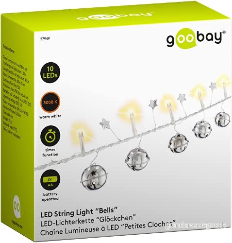 goobay 57949 LED ljuskedja med timerfunktion batterifunktion ljusslinga för inomhus 10 lysdioder klockor och stjärnor varmvit (3 000 k) IP20 1,3 m, silver, transparent 4040849579493