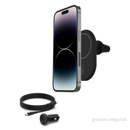 Belkin BoostCharge trådlös magnetisk bilhållare för telefon, kompatibel med iPhone 15, 14, 13, 12, Plus, Pro, Pro Max, Mini och fler MagSafe (kabel strömförsörjningsadapter medföljer) 745883828739
