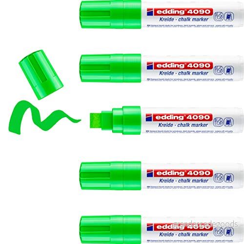 edding 4090 kritmarkör ljusgrön 5 kritpennor kilspets 415 mm bred kritpenna för avtorkbar tavla märkning av fönster, glas, spegel bordspenna med ogenomskinliga färger 4004764787869