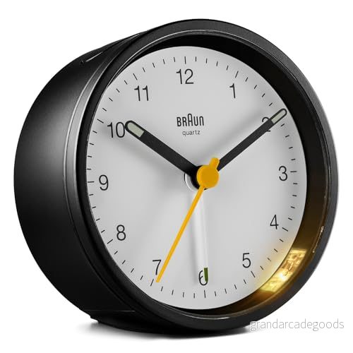 Braun Classic Analogue Alarm Clock with Snooze and Light, Quiet Quartz Movement, Crescendo Beep in Black White, model BC12BW. 5013348618993