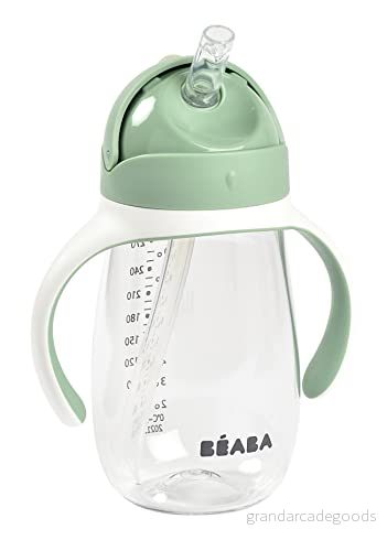 BÉABA Drickkopp 2 i 1 babyflaska barnkopp med sugrör 100% tät lätt att öppna avtagbara handtag tritan och silikon 300 ml salviagrön 3384349135331
