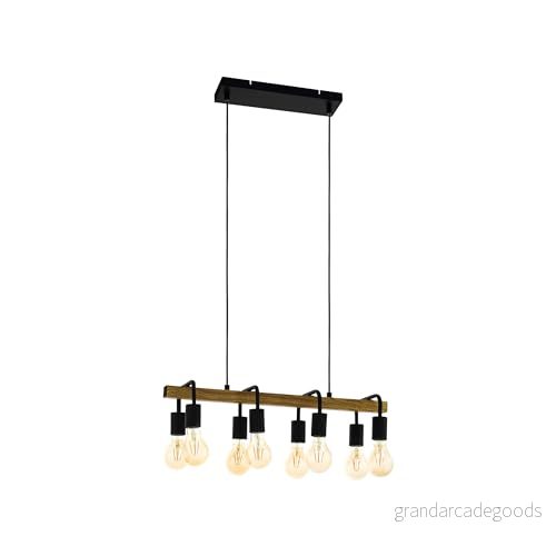 EGLO Erribera Hänglampa med 8 ljuskällor, vintage pendellampa att hänga över matbordet, hängande taklampa i industriell design, matrumslampa av svart metall, träutseende, för E27 glödlampor 9002759433161