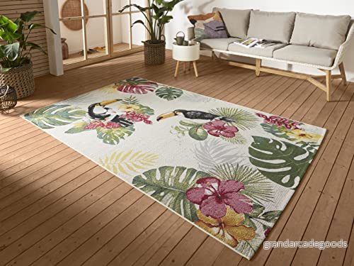 Hanse Home tropisk dröm inomhus och utomhatta platt väv djungel blommig palmträddesign, Oeko Tex väderbeständig UV beständig för balkong, uteplats, trädgård, grädde flerfärgad, 160 x 4262377774052