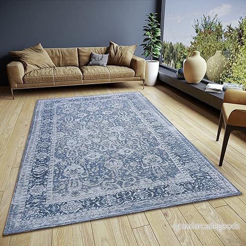 HANSE Home Aseno matta orientalisk löpare klassiskt vävd med kant, vintagelook, lätt glänsande, platt tyg för sovrum, matsal, vardagsrum, hall blå, 120 x 180 cm 4068226000873