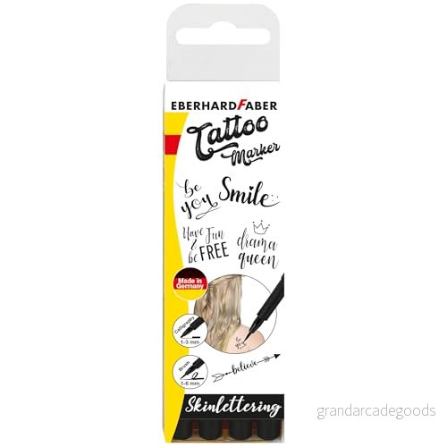 Eberhard Faber 559506 Tatueringspennor set med 4 markörer i olika mintjocklekar, skriftfärg svart, dermatologiskt testad, för kreativ, tillfällig design av huden 4087205595063