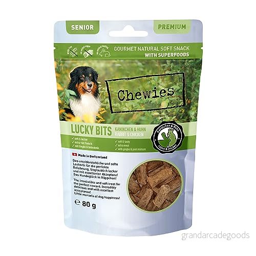 Chewies Lucky Bits kanin & kyckling senior hund godis hundgodis spannmålsfri mjuk med massor av protein och supermat som öljäst eller ginkgo, utan socker (80 g) 4260688854906