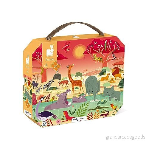 Janod Child Puzzle Animal Reserve 54 Pieces Educational Game Fine Motor Skills and Concentration Case with Handle Made In France Fsc Certified Green Inks from 5 Years, J02650 3700217326500