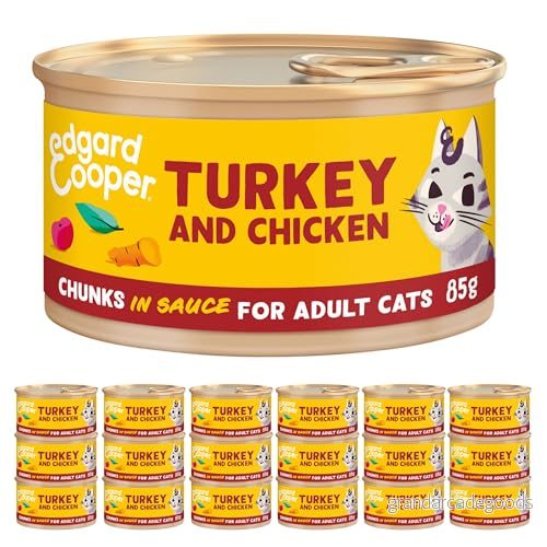Edgard & Cooper Våtmat steriliserad katt eller aktiv vuxna bitar i naturlig sås utan spannmål burkar 85 g x 18 (fågel, 18) 5407009641756