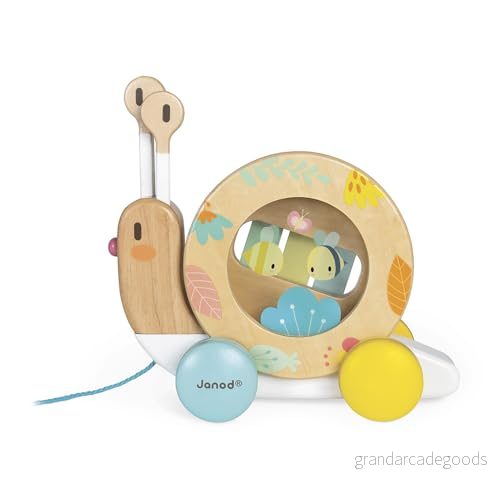 Janod Wooden Pure Pull Along Snail Toy with Xylophone and Tambourine Water Based Paint Educational Musical Early Learning from 1 Year Old, J05159 3700217351595