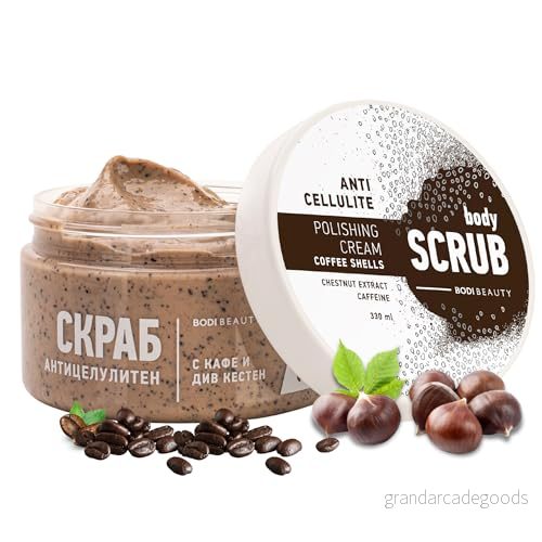 BODI BEAUTY Anti celluliter kaffeskrubb & body scrub 330 ml koffein, kaffepartiklar, shea och druvfröolja, vitamin E, pantenol för ben mage en slät hud 3800209513601