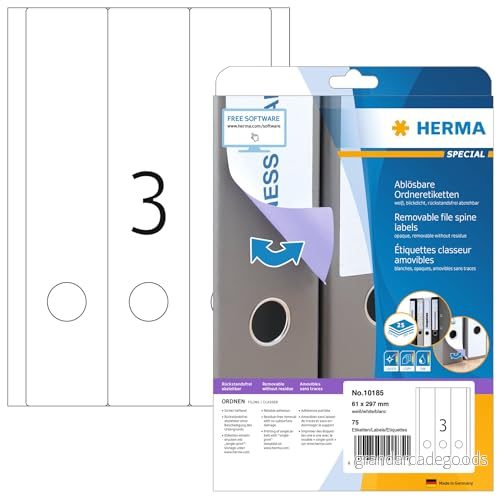 HERMA 10185 mappetiketter A4 avtagbart, bred/lång (61 x 297 mm, 25 ark, papper, matt) självhäftande, utskrivbara, avtagbara och återhäftande mappa ryggetiketter, 75 filetiketter, vit 4008705101851