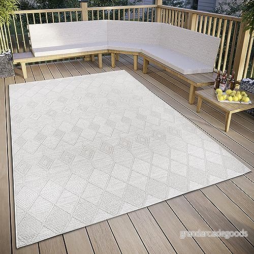 ELLE Decoration Pitu in och utomhatta makramé boho etnomönster platt tyg, väderbeständig för vardagsrum, hall, balkong, terrass, trädgård kräm, 130 x 190 cm 4262377779477