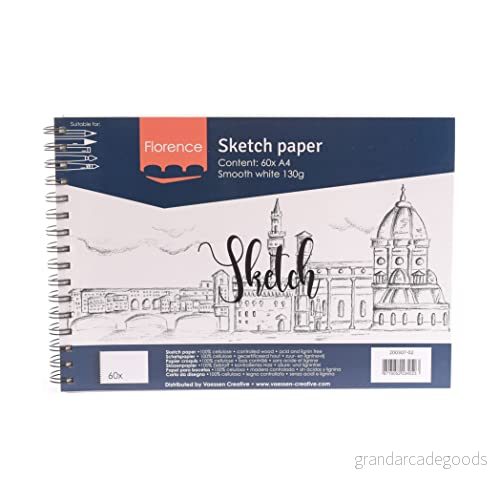 Vaessen Creative 200307 02 Florence skisspapper A4 vit 60 stycken 130 g/m² ritblock för blyertspenna, grafit och bläck högkvalitativt kreativt papper skisser, vit, 8716052234523