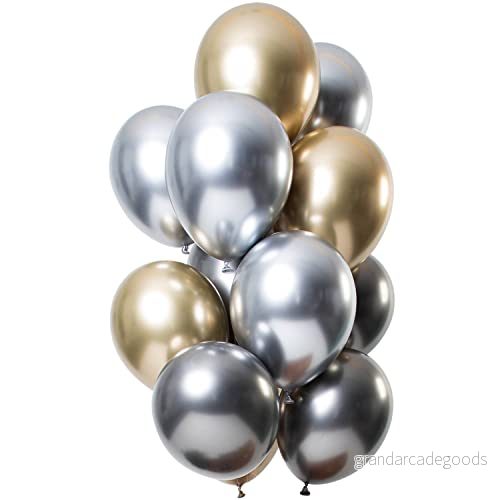 Folat 69715 Ballonger Mirror Effect Onyx 33 cm 12 stycken latex heliumballong, födelsedagsdekoration vit, guld, silver, Ø 30 8714572697156