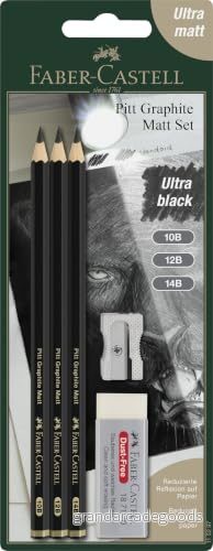 Faber Castell 115297 Pitt Monochrome Grafitpennor, Set med 3 Pennor Grader 10B, 12B, 14B, Ultra Matt Minimal Reflektion, Suddgummi och Pennvässare Inkluderade, För Teckning, Skissning Skuggning 4005401152972