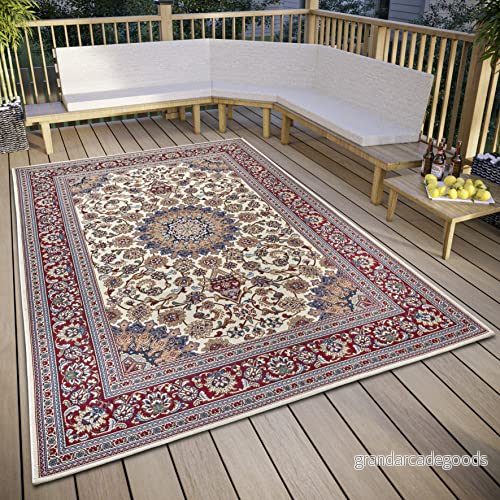 HANSE Home Kadi orientalisk inom /utomhatta, design, klassisk ekologisk väder och UV beständig, balkong, terrass, trädgård, kräm, röd, 120 x 180 cm 4262377776971