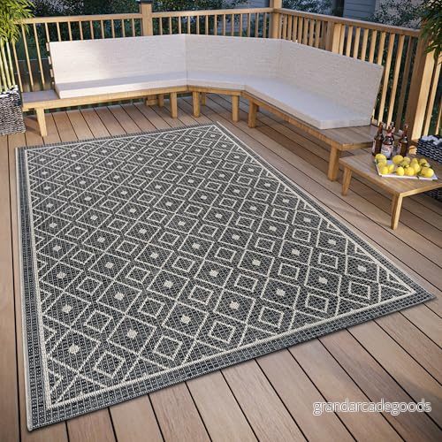 Hanse Home Lahal utomhatta väderbeständig modernt geometriskt diamantmönster, vattentät robust yttermatta platt väv för trädgård, balkong, terrass, vardagsrum grå beige, 190 x 290 cm 4068226001887