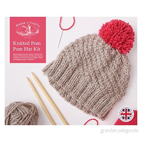 House Of Crafts stickad pom hatt, enkel hantverkssats set, flerfärgad, inkluderar 100 g boll tjock akrylull, 50 av akryl baby DK ull, bambu sticknålar, synål 5017912000337