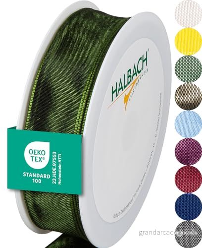 Halbach sidenband premium presentband med trådkant bredd 25 mm längd m Öko Tex 100 certifierat band Taftband Made in Germany, färg: mörkgrön 4015275215963