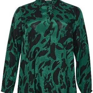 Kaffe Curve Plus size damtröja knapp upp normal passform tryckt långa ärmar, Svart/Aventurin Leo, 50/Stor 5715296678028
