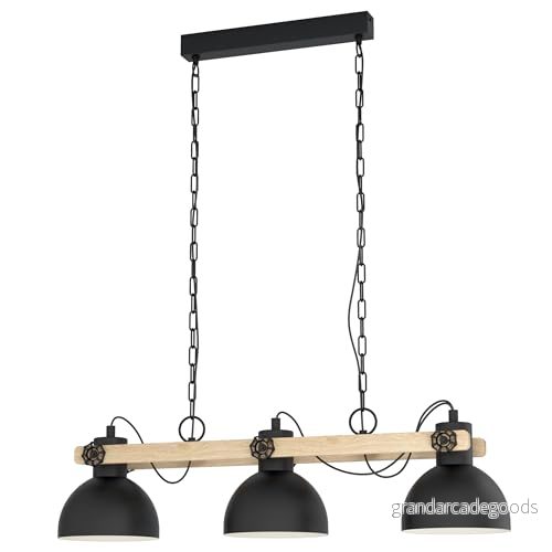 EGLO hänglampa Lubenham, 3 eldbrännande vintage i industriell design, retro hängande lampa av stål och trä, färg: svart, brun, uttag: E27 9002759431631