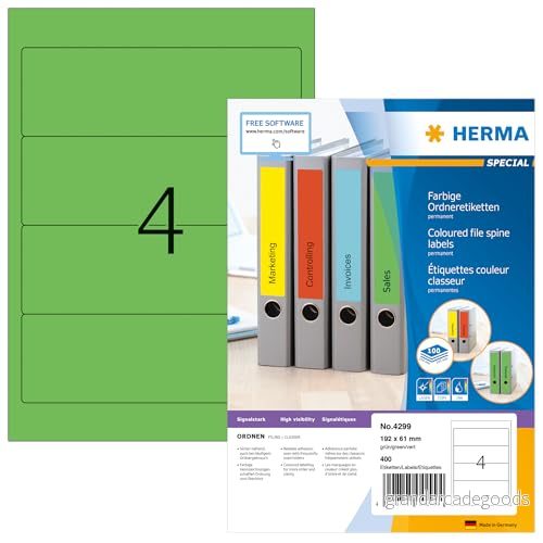 HERMA 4299 mappetiketter A4 kort/bred (192 x 61 mm, 100 ark, papper, matt) självhäftande, utskrivbara, permanenta mappa ryggetiketter, 400 filetiketter, grön 4008705042994