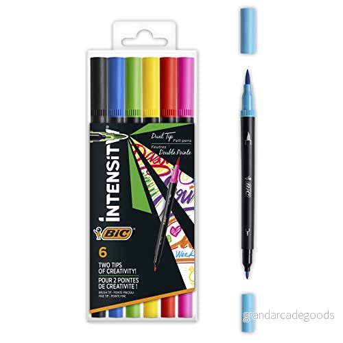 BIC Intensity filtpennor set, dubbel spets pensel penna för målning i 6 olika färger, med tjock och tunn 3086123589551